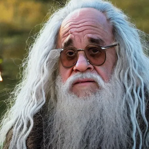 Image similar to movie still of danny devito starring as gandalf the white in the 2 0 2 4 lord of the rings movie, full body, hyper realistic, high quality