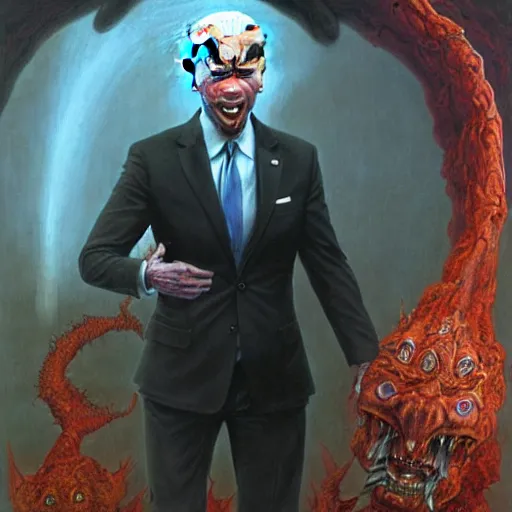 Prompt: epic Joe Biden in pandemonium, demons and souls, portrait, art by Wayne Barlowe, oil on canvas