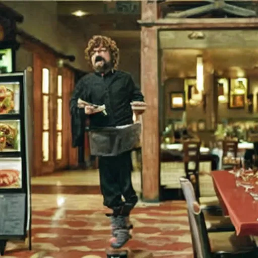 Image similar to “ film still of peter dinklage ordering food on stilts at an olive garden ”