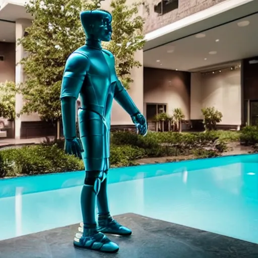 Image similar to a realistic detailed photo of a guy who is an attractive humanoid who is half robot and half humanoid, who is a male android, wrestler bo nickal, shiny skin, posing like a statue, blank stare, by the pool, on display, showing off his muscles, humanoid robot, frozen ice statue