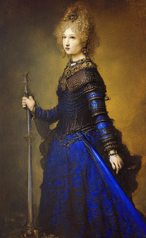 Prompt: Gothic princess in dark and blue dragon armor. By Rembrandt painting (1667), fractal flame, highly detailded