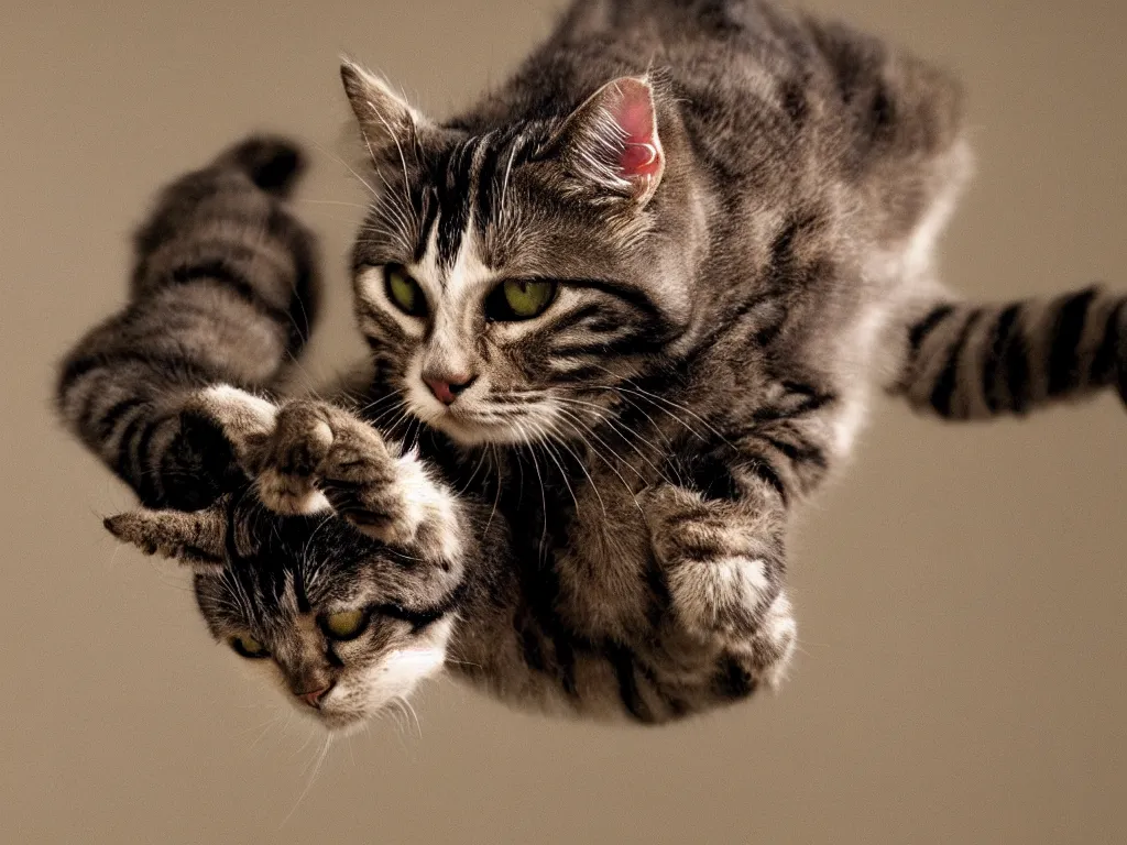 Image similar to Movie still: cat with spider legs. Cinematic shot. Action scene. Movie directed by Stephen Spielberg