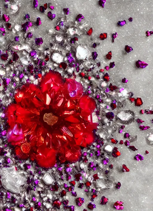 Prompt: a flower made of gemstone crystals, red petals, delicate and dripping, reflecting ever - changing colors, very textured, deep sea, 8 k, vray, hd