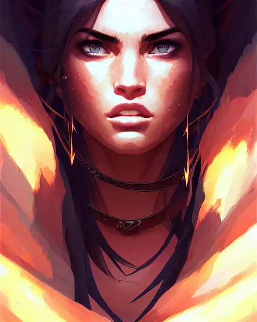 Prompt: azctec warrior, megan fox, detailed perfect face, exquisite details, fire magic, night, mid view, design on a white background, by studio muti, greg rutkowski makoto shinkai takashi takeuchi studio ghibli