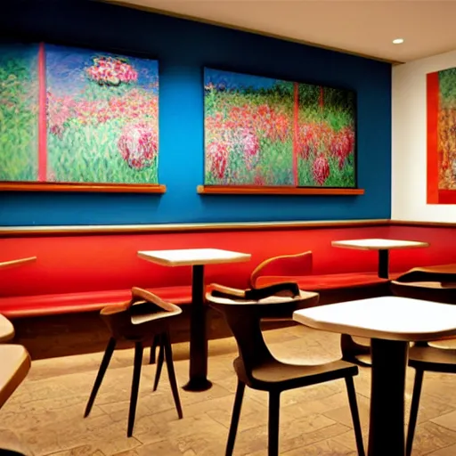 Prompt: mcdonalds designed by Claude Monet, interior photography