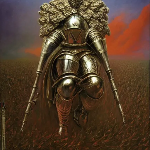 Image similar to god emperor donald trump, knight armour, zdzisław beksinski, pianting