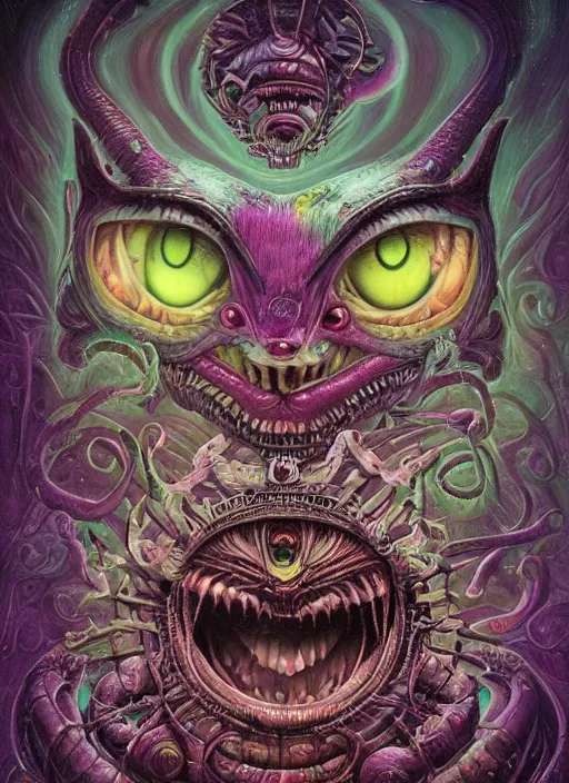 Prompt: cheshire cat, aztec god, alien, highly detailed, cinematic, 8 k, by megan duncanson, benjamin lacombe, adrian borda, stanley artgermm, tom bagshaw, craig mullins, carne griffiths, ayami kojima, beksinski, giger, trending on deviantart, hyper detailed, horror, full of colour