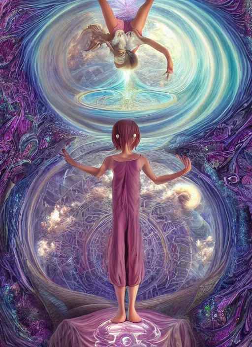 Image similar to a woman falls into a dream within a dream within a dream within a dream within a dream, alex grey, salvador dali, fractal, surreal art, semi realistic anime, studio ghibli, makoto shinkai, award winning illustration, masterpiece, 4 k