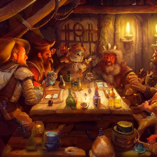 Prompt: an adventure party resting in a tavern, oil painting by justin gerard, deviantart