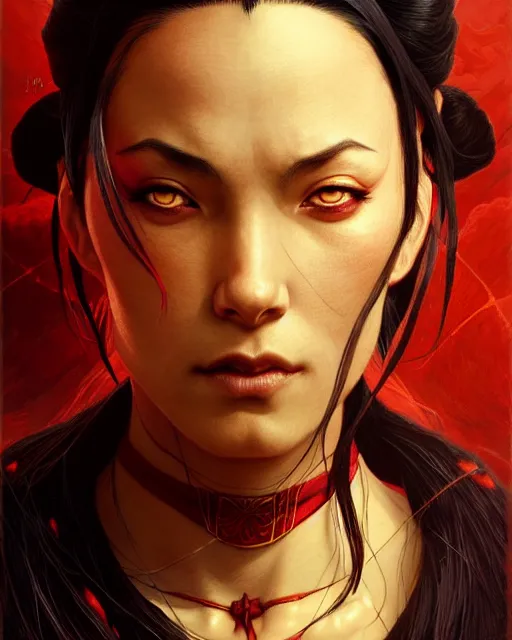 Image similar to azula from avatar the last airbender, character portrait, portrait, close up, concept art, intricate details, highly detailed by greg rutkowski, michael whelan and gustave dore