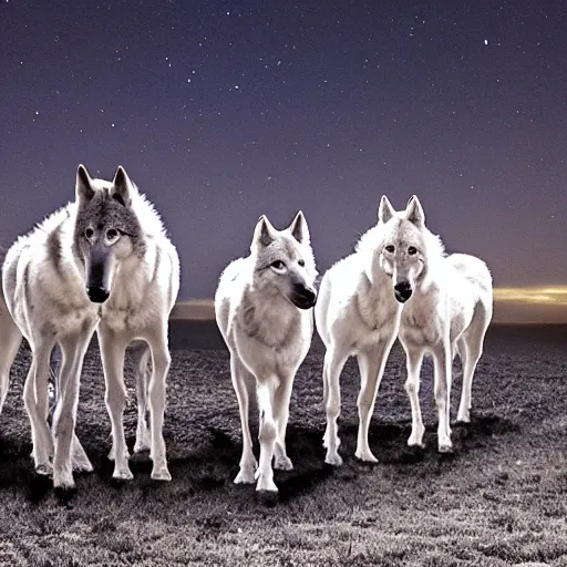 Prompt: wolf pack surrounding two horses at night