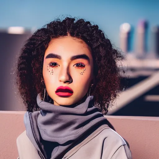 Image similar to photographic portrait of a streetwear woman, closeup, on the rooftop of a futuristic city overlooking a desert oasis, sigma 85mm f/1.4, 4k, depth of field, high resolution, 4k, 8k, hd, full color