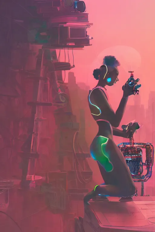 Image similar to a black girl fixing a robot, in the nature, mixing solarpunk, afropunk and cyberpunk technology and aesthetic ( ( ( ( volumetric light ) ) ) ), high angle, part by pearl fryar, part by prince damah, sunny day, trending on artstation, high detailed, cinematic view, illustration, painting.