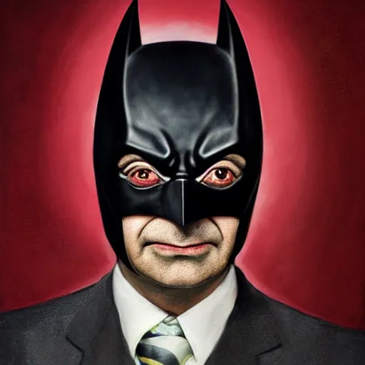 Image similar to hyperrealistic mixed media high resolution painting of (Rowan Atkinson) disguised as !!Batman!!, stunning 3d render inspired art by Jamie Salmon and István Sándorfi and Greg Rutkowski, perfect facial symmetry, dim volumetric lighting, 8k octane beautifully detailed render, full body shot, post-processing, extremely hyper-detailed, intricate, epic composition, highly detailed attributes, highly detailed atmosphere, cinematic lighting, masterpiece, trending on artstation, very very detailed, masterpiece, stunning, flawless completion, lifelike texture, perfection,