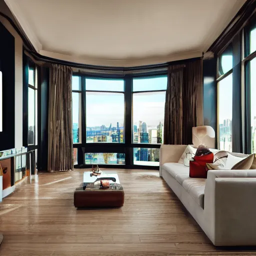 Image similar to cinematic film still of a fancy apartment living room with a stunning view 4k, fish-eye lens