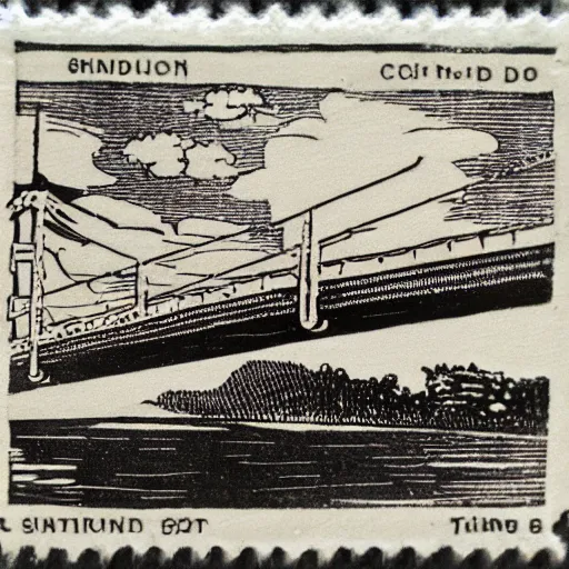 Image similar to small steel suspension bridge built in 1 9 2 8, side view, puffy clouds in background, woodcut style stamp, 8 k