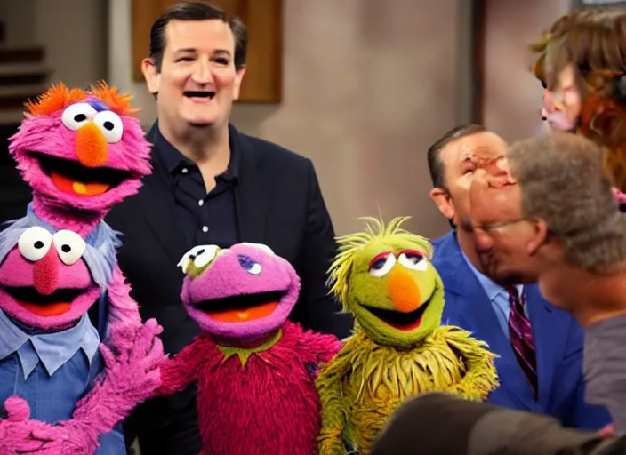 Prompt: ted cruz in the fetal position crying on the floor, he's getting stepped on, beatun up and kicked by a gang of mean muppets on sesame street