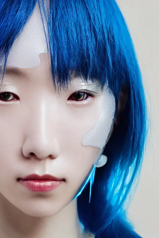 Image similar to a close - up full shot of a cyberpunk japanese woman with cold blue eyes and pretty face wearing lots of transparent and cellophane accessories, huge earrings, blue hour, cool, cold, crisp, by mayumi hosokura