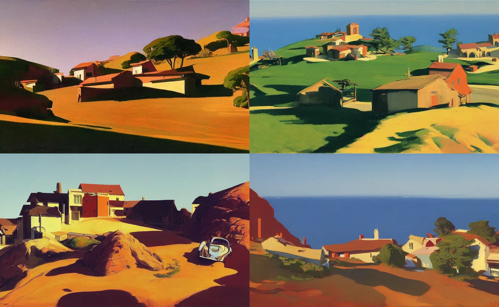 Prompt: a small village on top of a hill near the sea, painting by Syd Mead and Edward Hopper