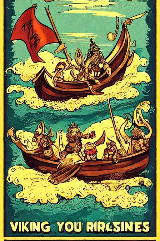 Prompt: “Poster of Vikings in a viking boat on the ocean fighting with sea monster. Retro caricature.”