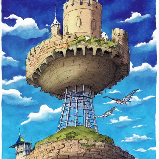 Image similar to laputa castle in the sky hayao miyazaki flying high in the sky, watercolor illustration for a book