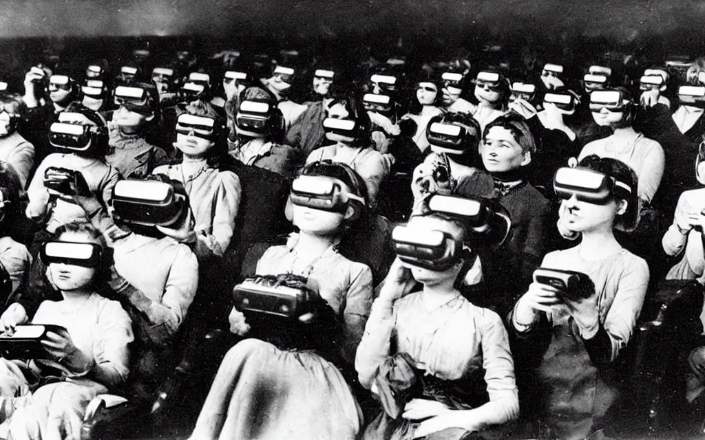 Image similar to 1 9 0 0 s photo of people using iphones ipods virtual reality headsets vr watching hd tv in a movie theater