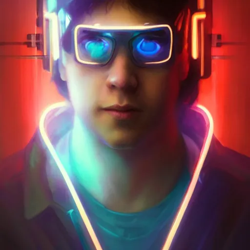 Image similar to portrait Ron Wisly with visor in cyberpunk, harry potter, neon lighting, night city, digital art from artstation by Ruan Jia and Mandy Jurgens and Artgerm and william-adolphe bouguereau and Greg Rutkowski