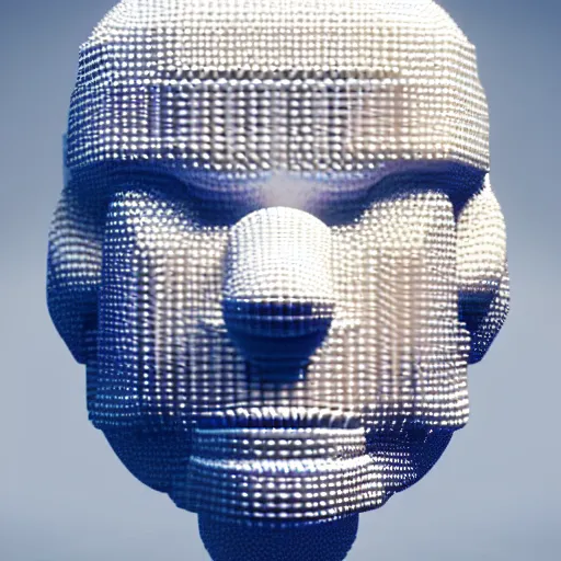 Prompt: a 3 d render of a white robot head structure made of hundreds of tiny white spheres, highly detailed, vfx, plain white background, trending on artstation
