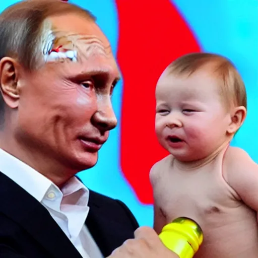 Image similar to vladimir putin giving a bottle shaped like a missile to a baby with the face of zelensky in his arms