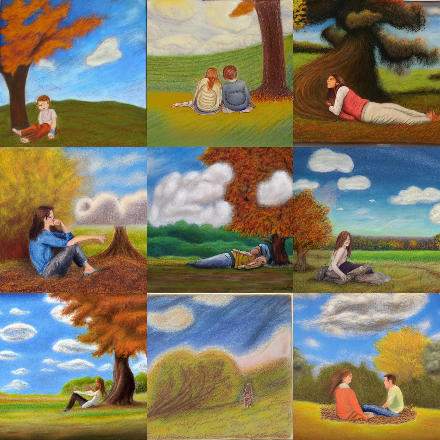 Prompt: landscape pastel of tiny young man with long brown hair and woman with long light brown hair, laying under a tree looking at clouds autumn, ( ( ( wearing jeans ) ) )