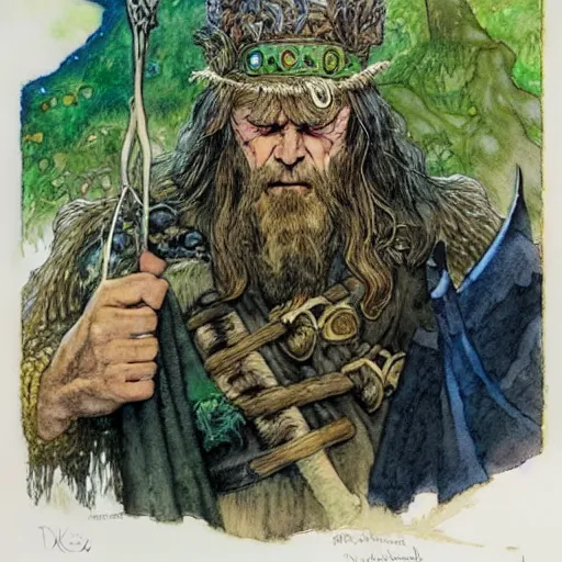 Image similar to a realistic and atmospheric watercolour fantasy character concept art portrait of urho kekkonen as a druidic warrior wizard looking at the camera with an intelligent gaze by rebecca guay, michael kaluta, charles vess and jean moebius giraud