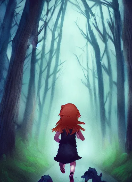 Prompt: Ginger girl running through a dark forest full of tall trees and fireflies . A monster is chasing her with glowing eyes. Artstation, award winning, mysterious.