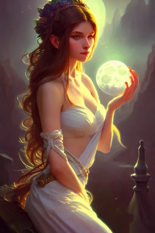 Image similar to photography alexey gurylev, serene, dreamy, moonlight, deep focus, d & d, fantasy, complex, elegant, highly detailed, digital painting, artstation, concept art, matte, clear focus, illustration, hearthstone, artgerm art, greg rutkovsky and alphonse mucha