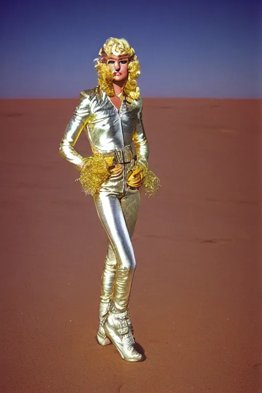 Image similar to portrait davis taylor brown dressed in 1 9 8 1 space fantasy fashion, avante garde, shiny metal, standing in a desert