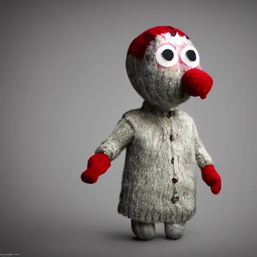 Image similar to woollen sock puppet from hell, missing an ear, big bobbly eyes, octane render, volumetric lighting, smokey atmosphere, rim lighting, glow lights, sharp focus, clear focus, soft shadows, highly intricate, hdr, creepy, clown vibes, textures, 8 k, 4 k, cinematic pose, trending on artstation, deviantart, award winning, contest entry