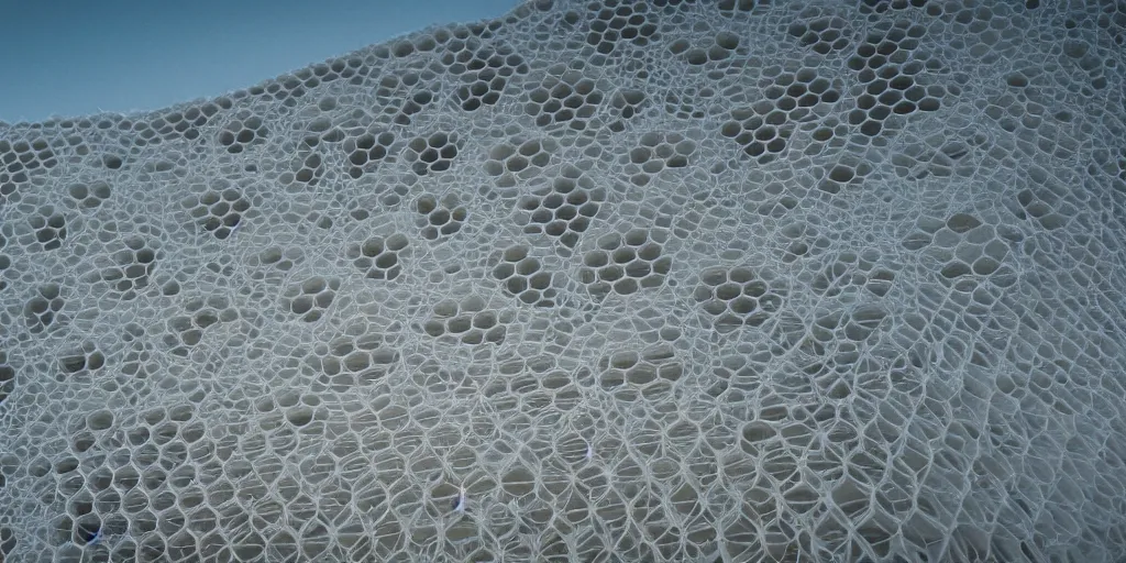 Image similar to real white honeycomb organic building, film still from the movie directed by denis villeneuve aesthetic with art direction by zdzisław beksinski, telephoto lens, shallow depth of field