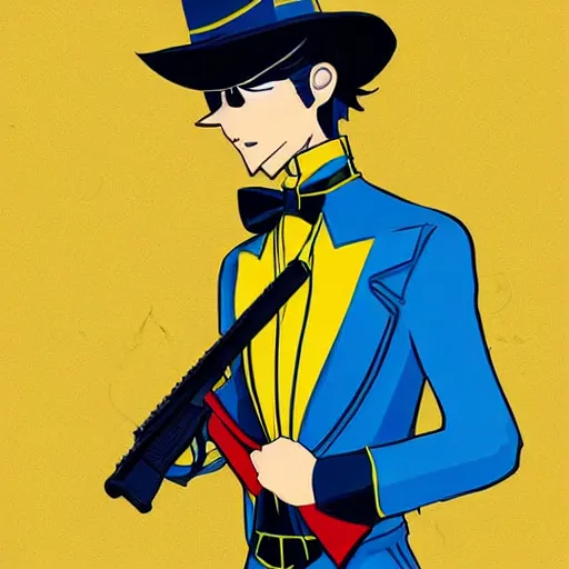 Image similar to superhero with tophat and a rifle in blue and yellow clothes, digital art, trending on artstation, by studio ghibli