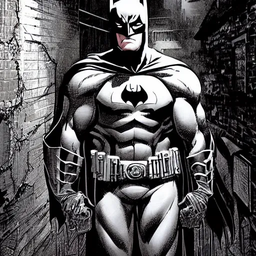Image similar to the batman appearing out of the shadows in an alley, artwork by jim lee, frightening, fear, scary, intimidating, digital art