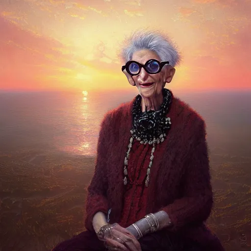 Prompt: portrait of iris apfel, sunset, gorgeous view, depth, painted by seb mckinnon, high detail, digital art, painted by greg rutkowski, trending on artstation