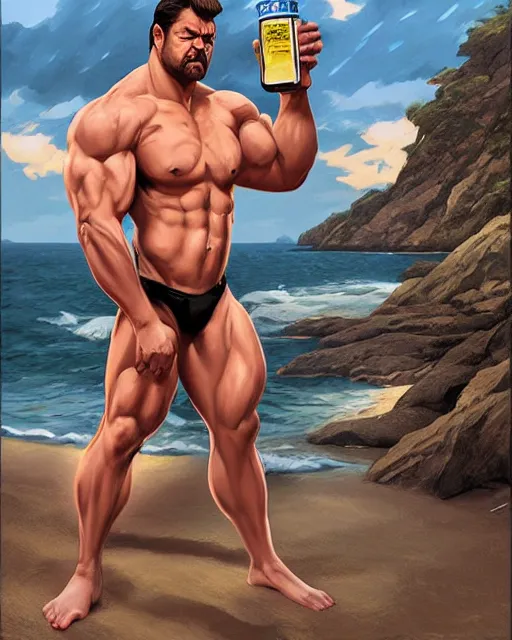 Prompt: gigachad ron swanson bodybuilder holding a keg of beer in final fight beach by ilya kuvshinov, ernest khalimov body by krista sudmalis, fantasy character portrait, ultra realistic, concept art, intricate details, elegent, digital painting, smooth, sharp focus, illustration, art by artgerm and greg rutkowski and alphonse mucha, artstation