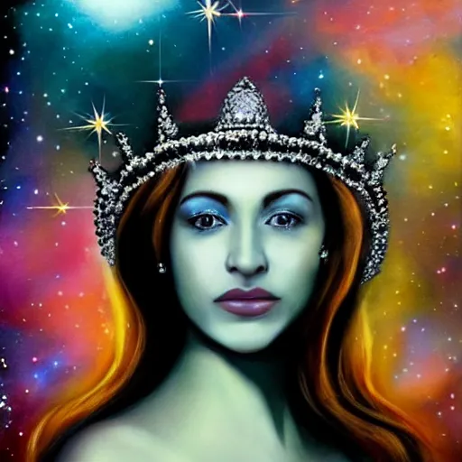 Prompt: a ultra realistic photo portrait of a sublime queen with an acurate , perfect ultra higly detailed and very very realistic wild face and ultra ultra ultra acuratr realistic wild eyes , and a crown of galaxy-colored diamonds, coming out from a colored nebula of a colored galaxy in the inner space wit hundred of stars