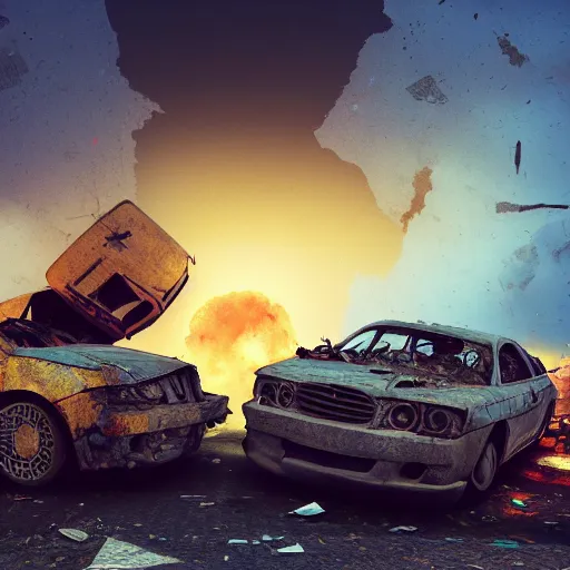 Image similar to two car wrecks on top of eachother, rusty, with graffiti of sun flowers on them, torn, war, realistic photo, octane render, cinematic lightning, 8 k, volumetric illumination