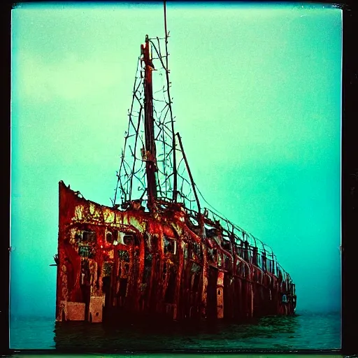 Prompt: towering rusty shipwreck, underwater, murky, megalophobia, old polaroid, expired film,