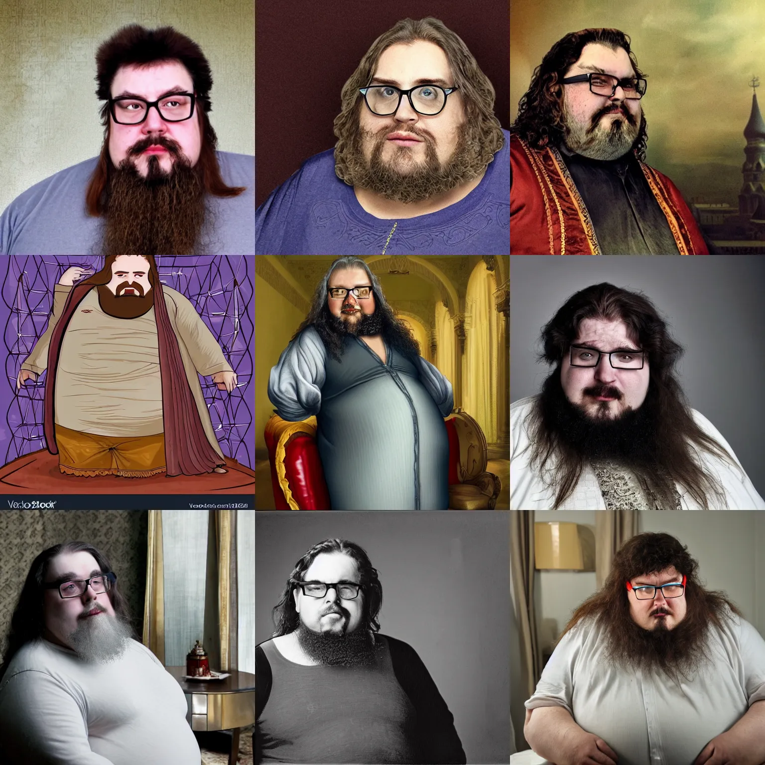 Prompt: obese russian long - haired sci - fi writer with goatee and glasses pretending himself as an emperor