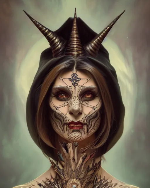 Image similar to portrait of a satanic witch, tattooed face, upper body, decorated, intricate, elegant, highly detailed, digital painting, artstation, concept art, smooth, sharp focus, illustration, art by artgerm and greg rutkowski and alphonse mucha, 8 k