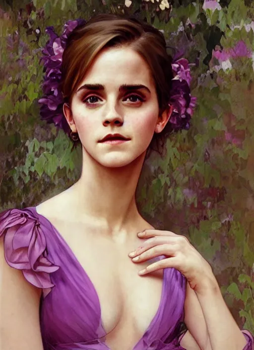 Image similar to emma watson wearing revealing pink and purple chiffon dress with flounces. beautiful detailed face. by artgerm and greg rutkowski and alphonse mucha