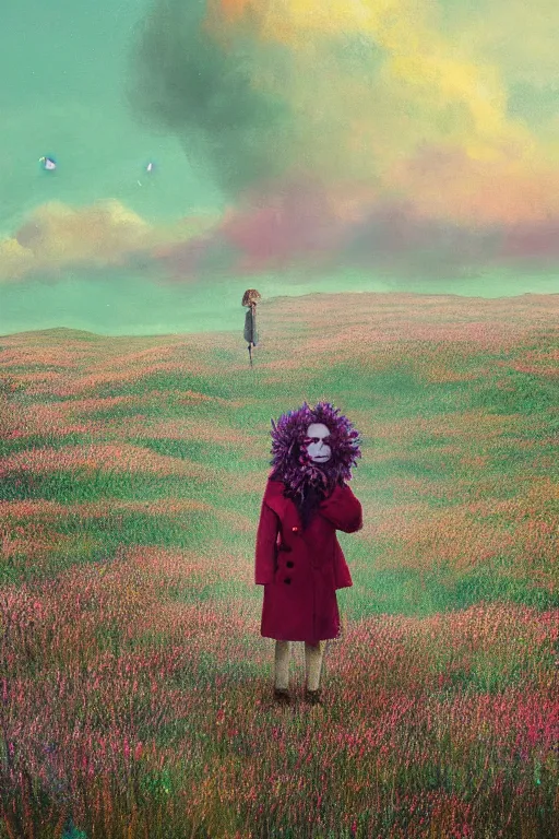 Prompt: portrait, grande flower head, a girl wearing a coat in heather field, surreal photography, wind and cold, dramatic sky, impressionist painting, digital painting, artstation, simon stalenhag