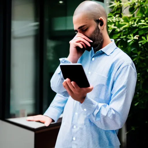 Prompt: A software engineer who is talented but tired is tasked with another dead end support call on the phone, Canon EOS R3, f/1.4, ISO 200, 1/160s, 8K, RAW, unedited, symmetrical balance, in-frame