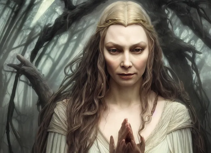 Image similar to a dramatic highly detailed render of Galadriel blended with Gollum, Middle-earth , by WLOP and Artgerm and Greg Rutkowski and Alphonse Mucha, Beautiful dynamic dramatic dark moody lighting, shadows, cinematic atmosphere, Artstation, Octane render, 8K, masterpiece, sharp focus, hyperrealistic, photograph