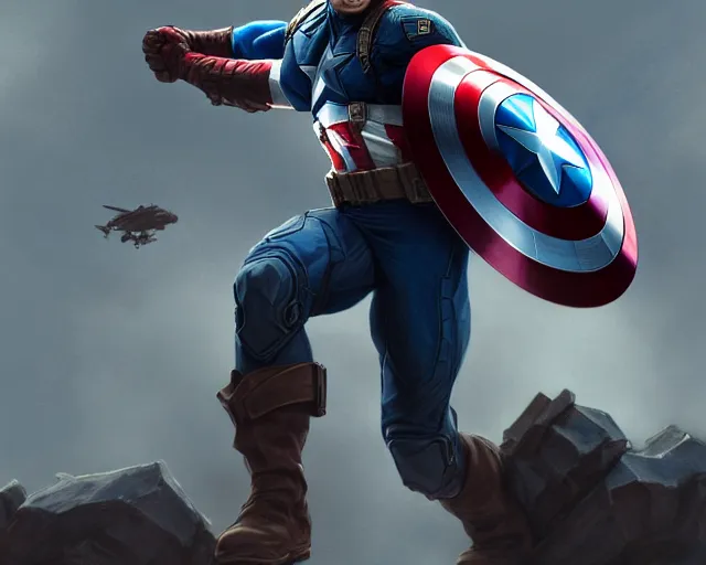 Image similar to photography of captain america action shot directed by steven spielberg, deep focus, d & d, fantasy, intricate, elegant, highly detailed, digital painting, artstation, concept art, matte, sharp focus, illustration, hearthstone, art by artgerm and greg rutkowski and alphonse mucha